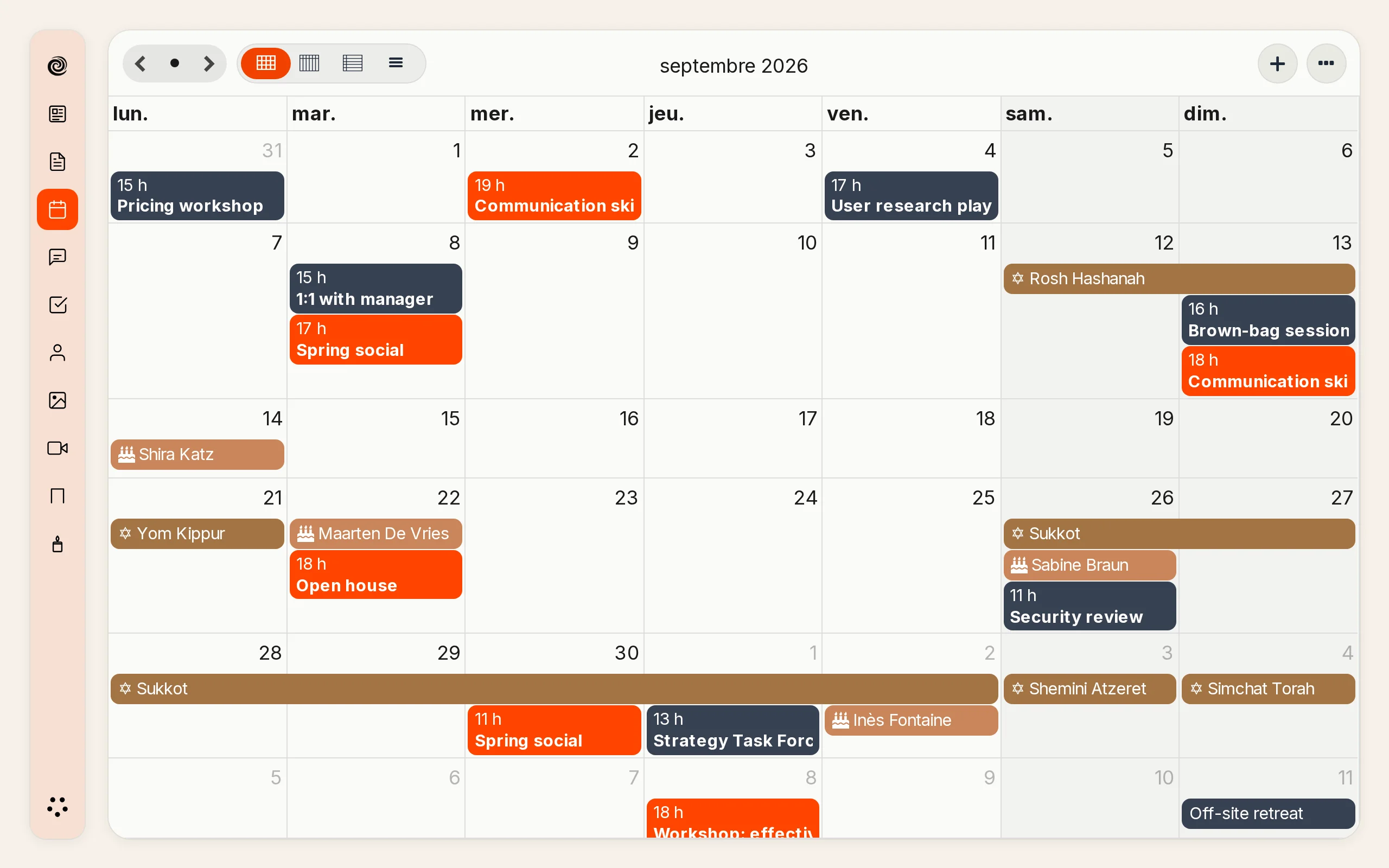 L'Agenda avec les fêtes de l'année juive en place