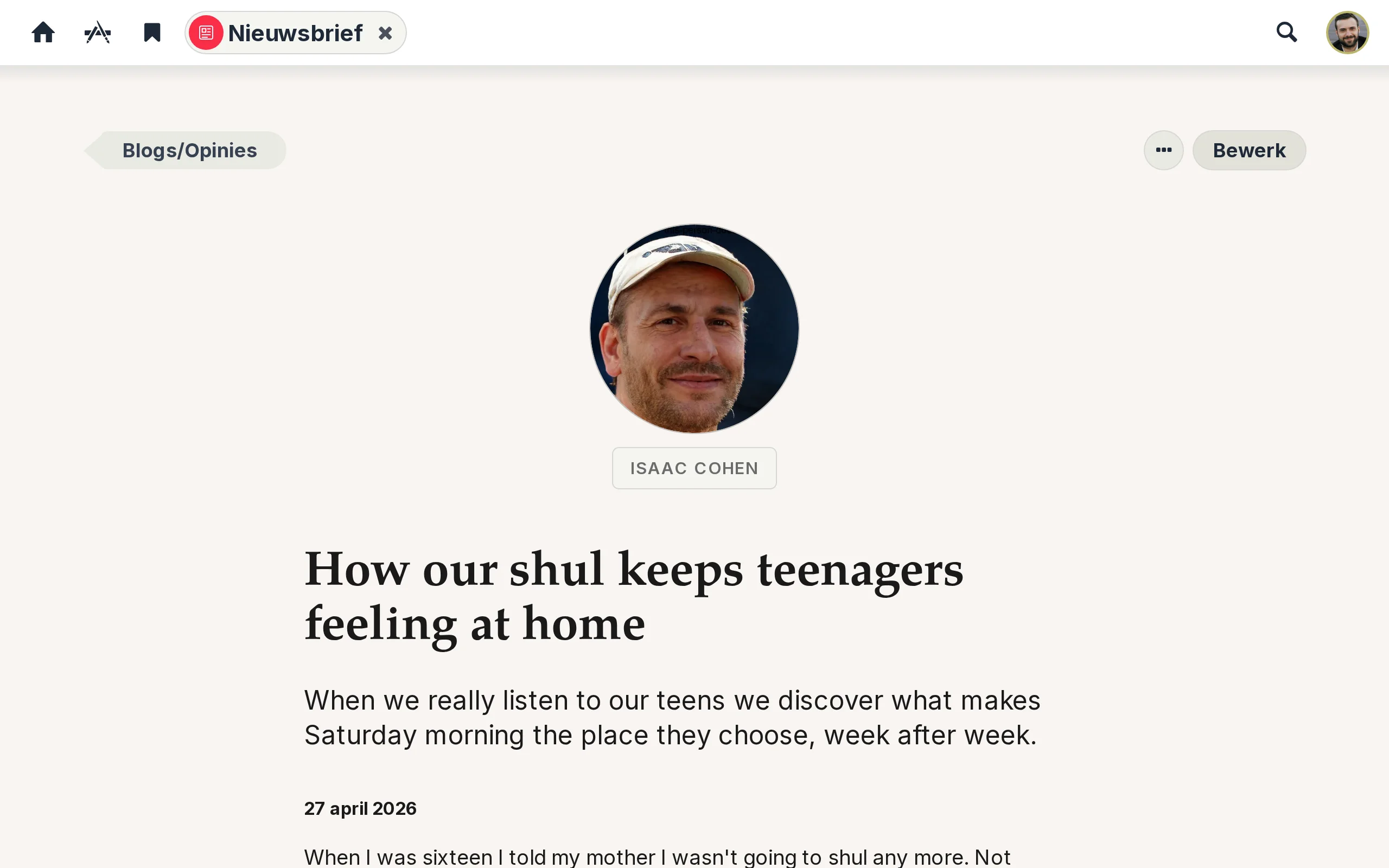 Een door een lid geschreven blogpagina in de Nieuwsbrief van een kehilla
