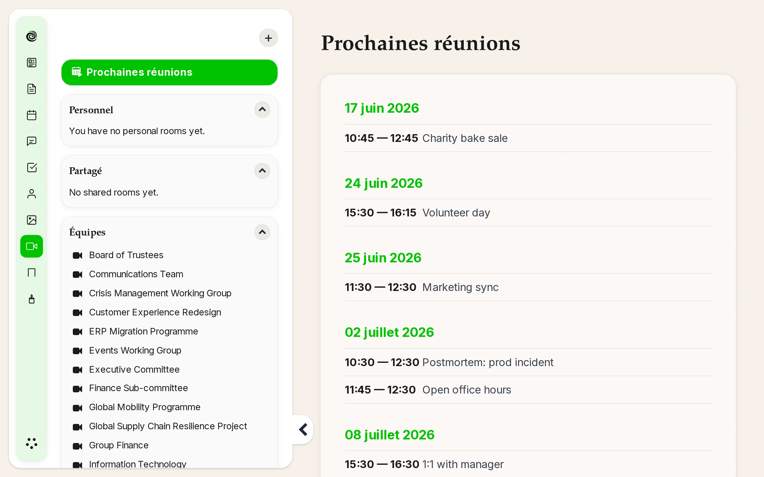Barre latérale de l'application Réunions avec salles personnelles, partagées et d'espace d'équipe